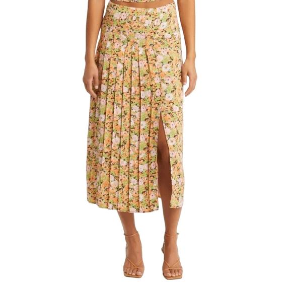 Open Edit Contemporary Pleated Midi Skirt Orange Multi Meadow Floral Medium NWT - Picture 1 of 14